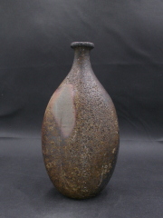 備前焼　登窯　備前焼伝統工芸士　故森　宝山　共箱付き黄ゴマ阿古陀扁壷大徳利花入１