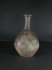 備前焼　登窯　備前焼中堅作家　藤原　均　共箱付き桟切鶴首徳利花入１