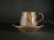 備前焼　登窯　備前焼中堅作家　竹内　靖之（山本）　最新作皿付黄ゴマコーヒーカップ７