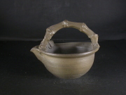 備前焼　備前焼中堅作家　竹内　靖之（山本）　最新作蟹付き金彩・焦げ茶のゴマ青備前竹節手付き酒注７