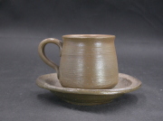 備前焼　備前焼中堅作家　竹内　靖之（山本）　最新作皿付金彩青備前コーヒーカップ８
