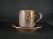 備前焼　登窯　備前焼中堅作家　竹内　靖之（山本）　最新作皿付黄ゴマコーヒーカップ１０