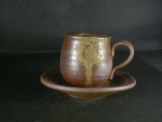 備前焼　登窯　備前焼中堅作家　竹内　靖之（山本）　最新作皿付黄ゴマコーヒーカップ１４