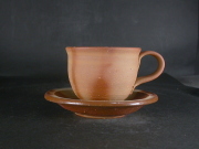 月間特価品　備前焼　備前焼中堅作家　竹内　靖之（山本）　最新作皿付緋襷緋コーヒーカップ１６