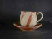 備前焼　備前焼中堅作家　竹内　靖之（山本）　最新作皿付緋襷緋コーヒーカップ１６