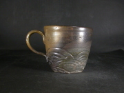 備前焼　登窯　備前焼中堅作家　竹内　靖之（山本）　最新作金彩・黒窯変削り手付きカップ８