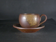 備前焼　登窯　備前焼中堅作家　竹内　靖之（山本）　最新作皿付黄ゴマコーヒーカップ１９