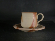 備前焼　備前焼中堅作家　竹内　靖之（山本）　最新作皿付緋襷コーヒーカップ１８