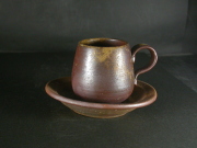 備前焼　登窯　備前焼中堅作家　竹内　靖之（山本）　最新作皿付黄ゴマコーヒーカップ２１