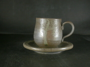 備前焼　備前焼中堅作家　竹内　靖之（山本）　最新作皿付金彩・青ゴマ青備前コーヒーカップ２２