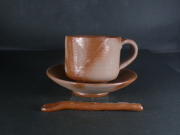 備前焼　登窯　備前焼中堅作家　片岡　聖観　 皿・スブーン付き緋襷コーヒーカップ２５