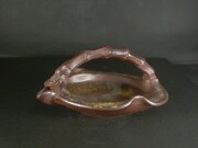 月間特価品　備前焼　登窯　備前焼中堅作家　竹内　靖之（山本）　最新作竹節手付き緋襷・黄ゴマ片口皿１