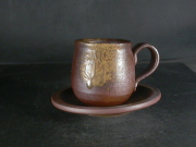 備前焼　登窯　備前焼中堅作家　竹内　靖之（山本）　最新作皿付き黄ゴマコーヒーカップ２