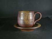 備前焼　登窯　備前焼中堅作家　竹内　靖之（山本）　最新作皿付き黄ゴマコーヒーカップ２