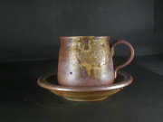 備前焼　登窯　備前焼中堅作家　竹内　靖之（山本）　最新作皿付黄ゴマコーヒーカップ４