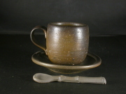 備前焼　登窯　備前焼中堅作家　竹内　靖之（山本）　最新作皿・スプーン付金彩・黄ゴマコーヒーカップ５