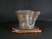 備前焼　備前焼中堅作家　片岡　聖観　 皿・スプーン付き黄・青ゴマコーヒーカップ２７