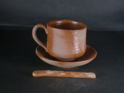 備前焼　備前焼中堅作家　片岡　聖観　 皿・スプーン付き緋襷コーヒーカップ２９