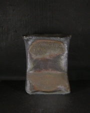 お買得　備前焼　穴窯　備前焼物故作家　前嶋　五一郎　手捻り青窯変花入１５