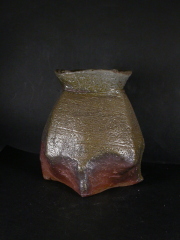 備前焼　穴窯　備前焼物故作家　前嶋　五一郎　手捻り黄・青ゴマ面取壷１０