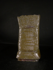 備前焼　穴窯　備前焼物故作家　前嶋　五一郎　手捻り黄ゴマ四方花入４３