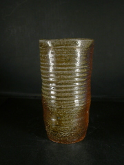 備前焼　穴窯　備前焼物故作家　前嶋　五一郎　黄・青ゴマ花入５３