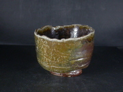 備前焼　穴窯　備前焼物故作家　前嶋　五一郎　手捻り黄ゴマ轡抹茶茶碗３