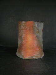 備前焼　穴窯　備前焼物故作家　前嶋　五一郎　手捻り緋窯変扁壷花入９１