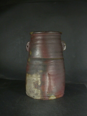 備前焼　登窯　岡山県無形文化財　松井　輿之　共箱付き桟切・黄ゴマ耳付き扁壷花入３５