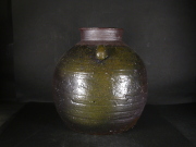 備前焼　穴窯　備前焼物故作家　小山　日出男　伊部手黄ゴマ黒備前耳付き大壺１