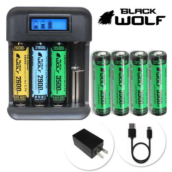 【BLACKWOLF(ブラックウルフ)】急速充電クレードルKMLT-407(4本用)+18650リチウムイオンバッテリー充電 5V2A 通電性優秀(スプリング端子純金めっき) 充電をランプで表示 マイクロUSBケーブル付き