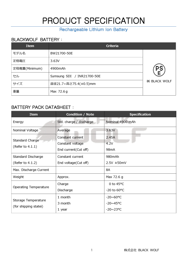 BLACKWOLF(ブラックウルフ)】21700リチウムイオンバッテリー（5000mAh