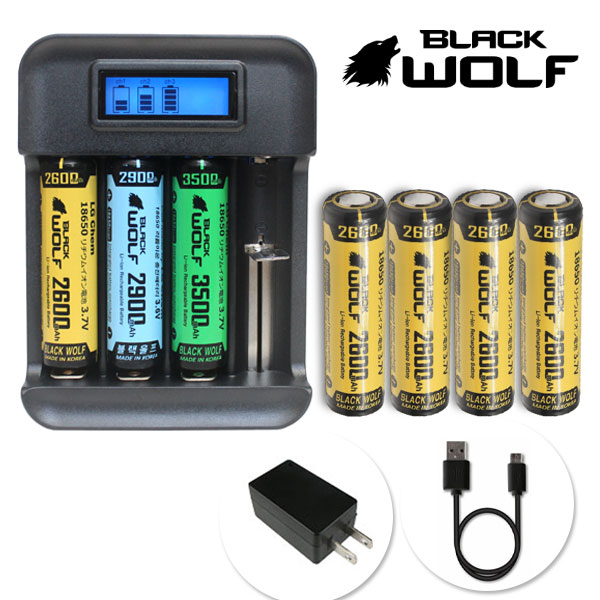 Blackwolf ブラックウルフ 急速充電クレードルkmlt 407 4本用 18650リチウムイオンバッテリー充電 5v1a 通電性優秀 スプリング端子純金めっき 充電をランプで表示 マイクロusbケーブル付き