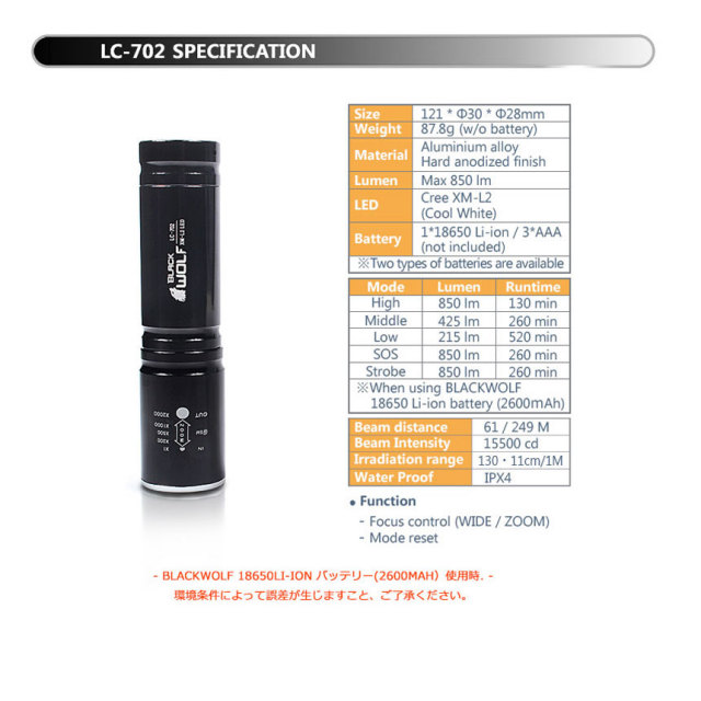 BLACKWOLF（ブラックウルフ）】ハンディライト [ズームタイプ] LC-702
