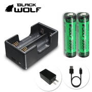【BLACKWOLF(ブラックウルフ)】急速充電クレードルLi-2500QC(2本用)+18650リチウムイオンバッテリー2本 5V1A 通電性優秀(スプリング端子純金めっき) 充電をランプで表示 マイクロUSBケーブル付き