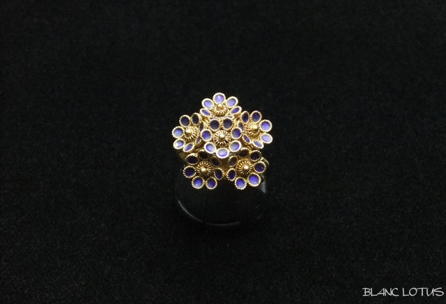 青いエナメルの花のリング　14K