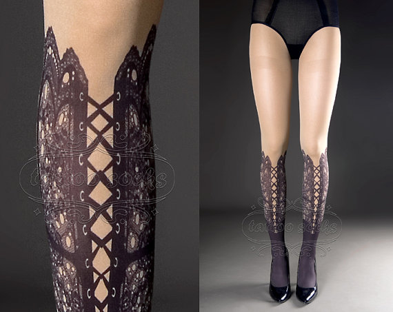 プリントタイツ☆レース編み上げ柄タイツ☆ Lace Up print