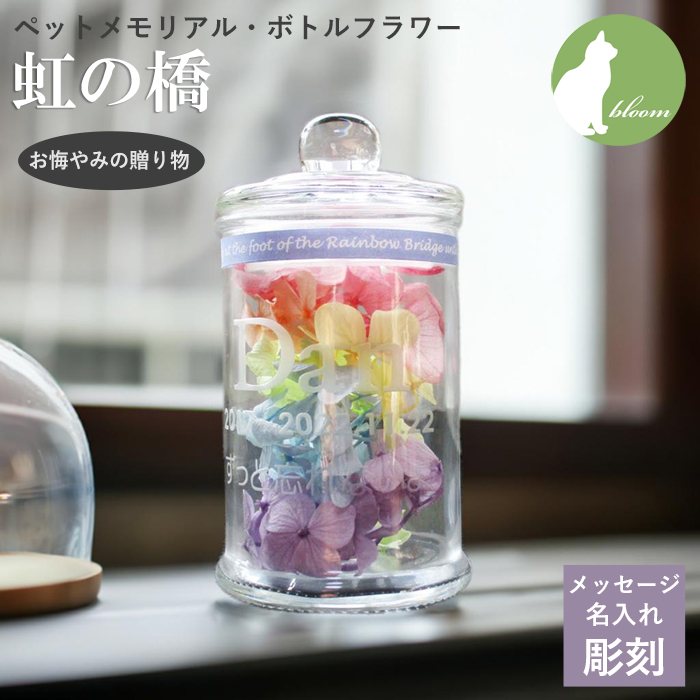 プリザーブドフラワー  名入れ お悔やみ お供え ペット 仏花 犬 猫 ペット供養 花 【ペットメモリアルボトルフラワー・虹の橋】
