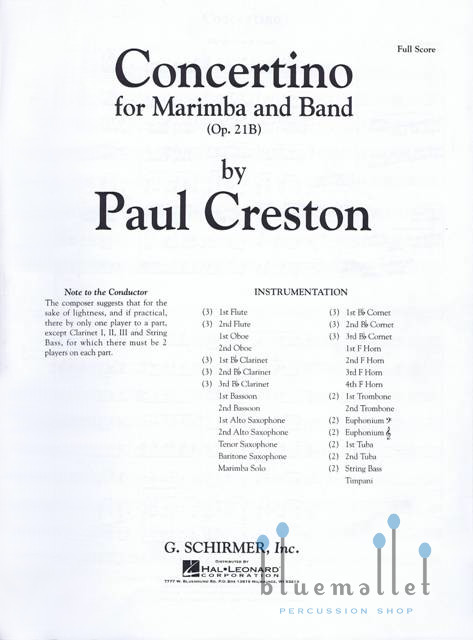 Creston , Paul - Concertino for Marimba and Band (吹奏楽伴奏版 / スコアのみ)