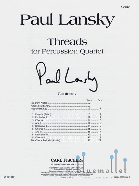 Lansky , Paul - Threads for Percussion Quartet (スコアのみ)