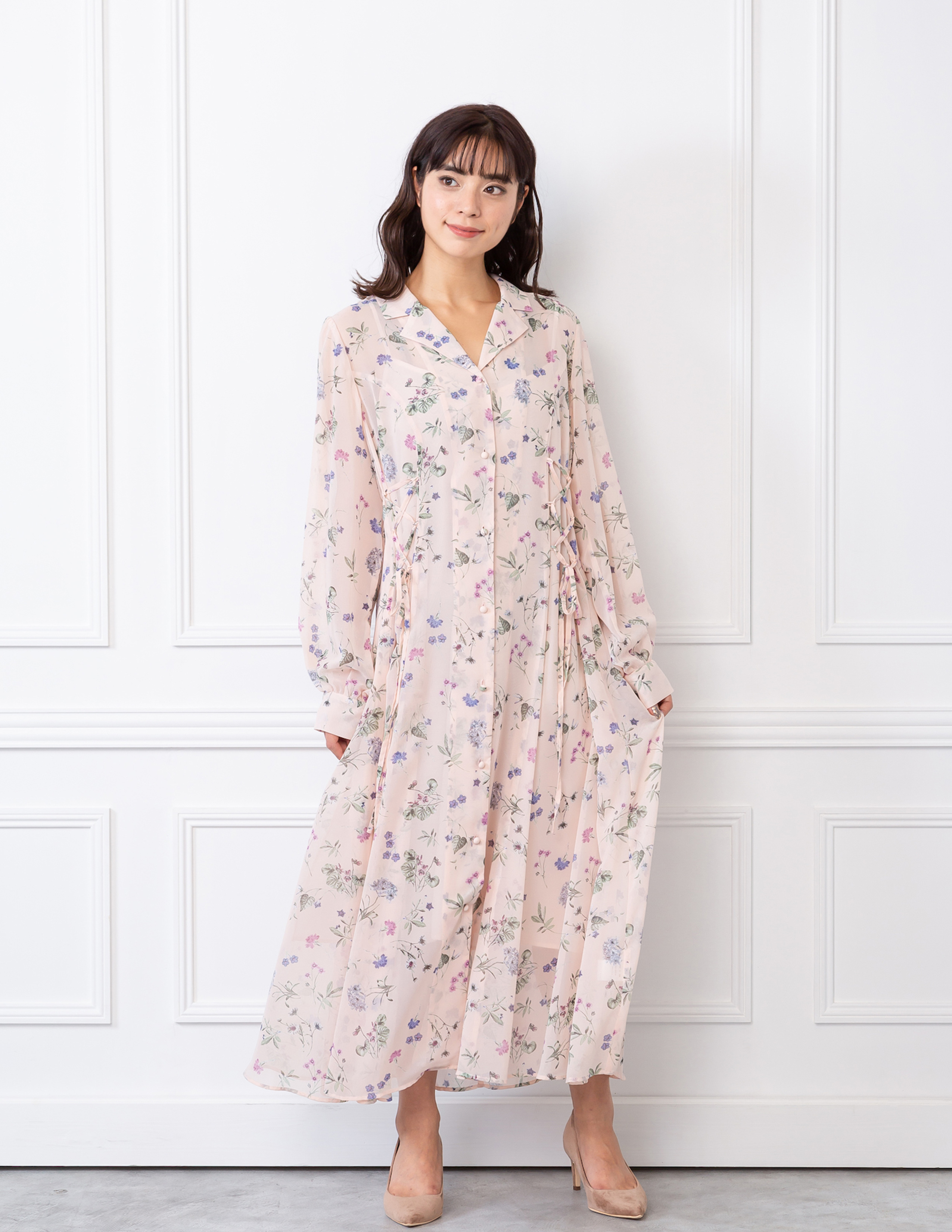 花柄シャツワンピース/ピンク