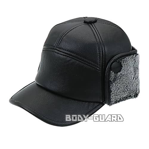 フェイクレザーキャップ　耳あて付き　グレー