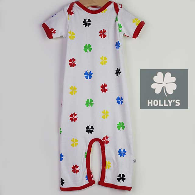 【セール80%OFF】HOLLY'S（ホリーズ）  半袖ベビースーツ　クローバー柄　MEGA RED 赤 68cm       ｜ホリーズ hollys ベビー服 春夏 ベビースーツ　ロンパース