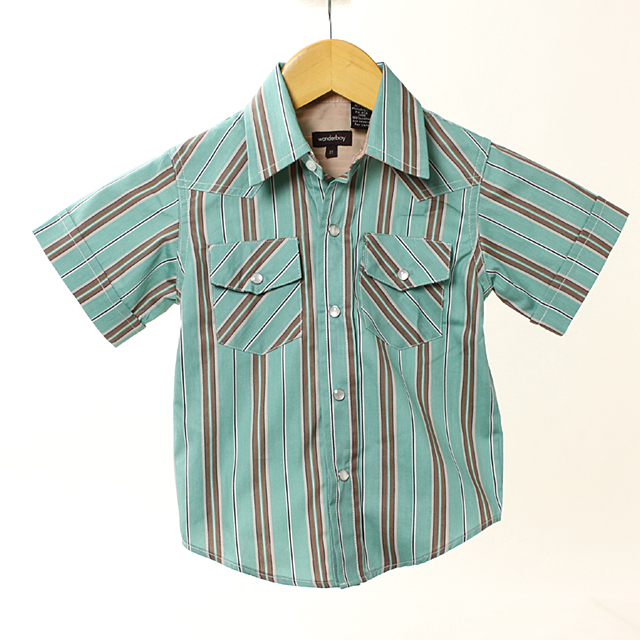 【セール80%OFF】wonderboy半袖シャツ(SeagrnStrp WEST) グリーンＸ茶 4T【おまかせ配送で送料お得】