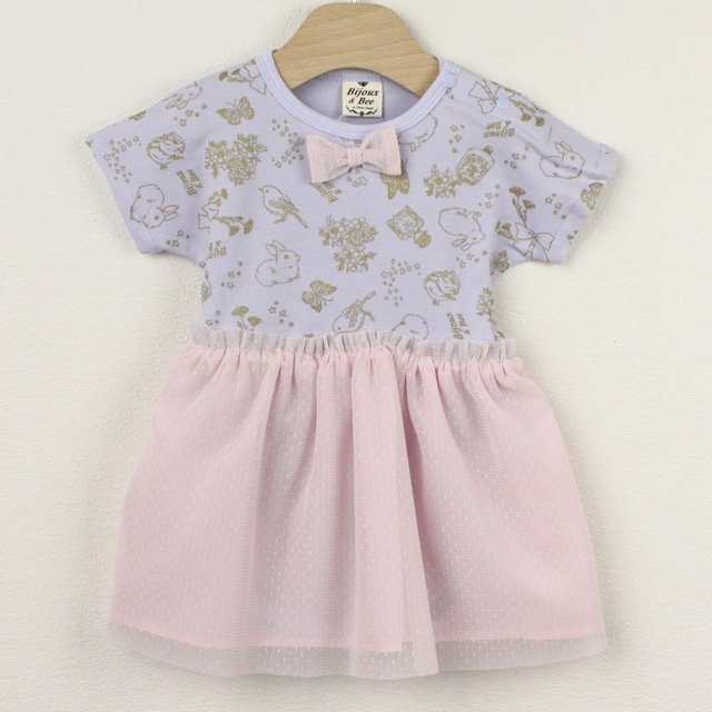 【セール80%OFF】bijoux&bee（ビジューアンドビー） キラキラドリームプリントの半袖チュールスカートロンパース　 パープル 70cm 80cm   ◆