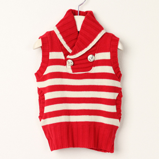 ★2025X'mas SALE!!★【セール90%OFF】TAPPET（タペット） ショールカラーベスト　ボーダー 赤Xアイボリー 90cm