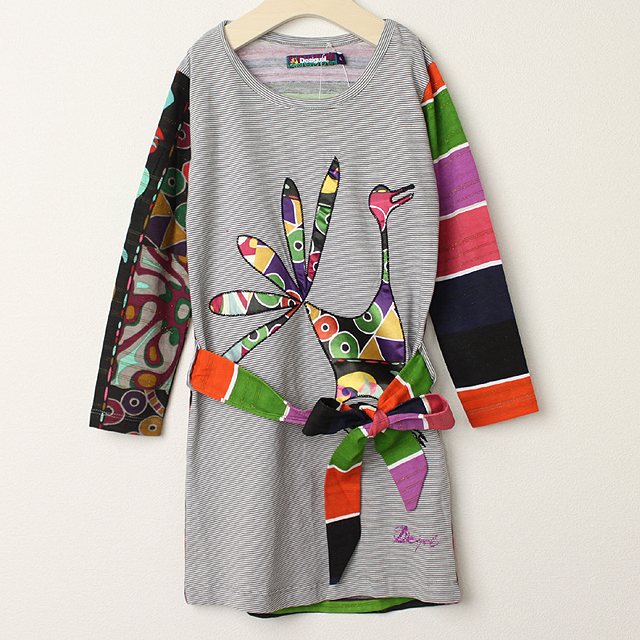 【セール70%OFF】Desigual(デシグアル) 長袖ワンピースVEST_MAR DE PLATA ボーダー鳥アップリケ 5才-6才