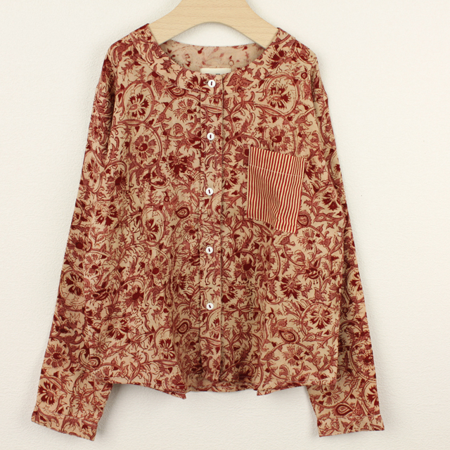 【在庫処分セール70%OFF】le petit Lucas(ル・プチルカ） GIRLS KURTA　前ボタンストライプポケット長袖Tシャツ RedKalam　赤 4才 6才    　【おまかせ配送で送料お得】