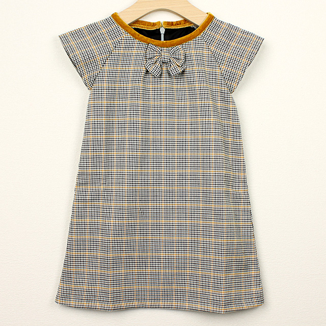 【セール70%OFF】Bizzu(ビズー）・B+（ビープラス） リボン付きチェックワンピース マスタード 100cm  【おまかせ配送で送料お得】