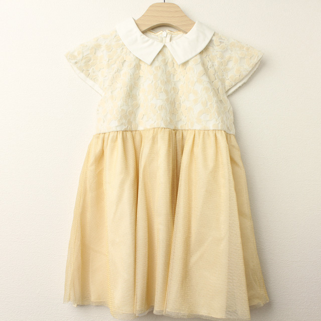 【セール70%OFF】Bizzu(ビズー） フラワーレース＆ラメドットの衿付きドレス アイボリー 110cm